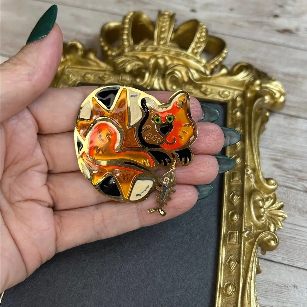 Colorful Cat Brooch with Fish Charm